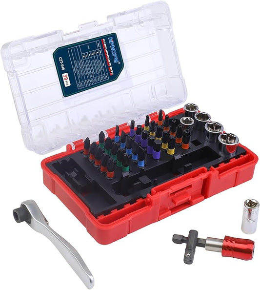 HPHOPE 39-Piece Screwdriver Bit and Ratchet Set – PH, PZ, Hex, SL, TT, Torx Bits – Accessories for Cordless Screwdrivers, Drills Drivers and Screwdrivers