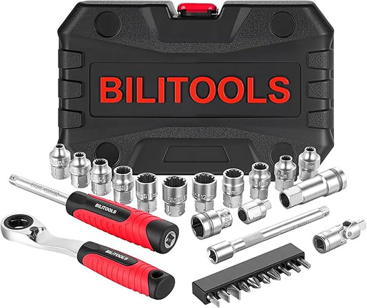 BILITOOLS 29PCS 1/4" Pass Through Socket Set, 3-In-1 Conversion for Standard Ratchet, Pass-Through Ratchet & Mini Screwdriver, Pass Thru Go Through Mechanics Tools Set For Hex, Square, E-Torx, Spline