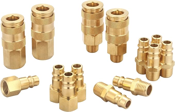 Pro High Flow Coupler and Plug Kit (14 Piece), V Style, 1/4 Inch, NPT, Solid Brass Quick Connect Air Fittings Set