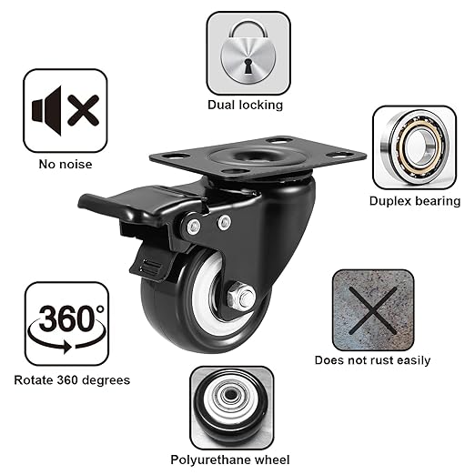 Casters, 2" Caster Wheels竊똂asters Set of 4 Heavy Duty - ASRINIEY Black Polyurethane Castors, Top Plate Swivel Wheels, 4-Pack Industrial Casters with Brake, Locking Casters for Furniture and Workbench