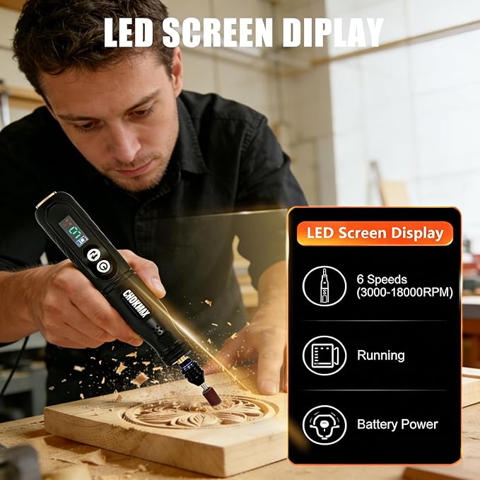 CHOKMAX Cordless Rotary Tool, 6-Speed Working Sreen Display Grinder Kit with Universal Collet and Front LED Light, 68 Accessories Art Craft Tool for Engraving, Sanding, Polishing, Drilling, Grinding