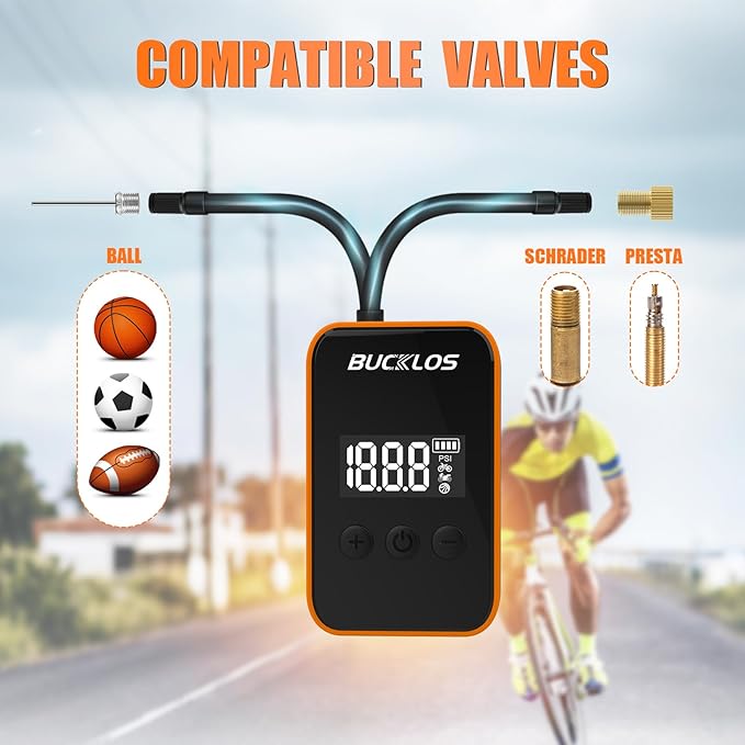BUCKLOS Mini Electric Bike Pump with LED Display, 150PSI Portable Tire Inflator, Type-C Rechargeable Air Pump with 2000mAh Battery, Presta & Schrader Valves, for Road, Mountain Bicycle and E-Bikes