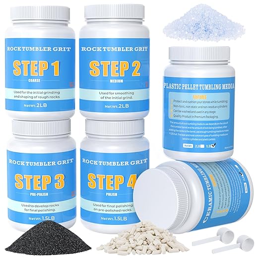 Large Rock Tumbler Grit Kit [10 Pounds], Polish Up to [70 lbs.] of Rocks, 4 Steps Polish Refill Media Kit with [Ceramic and Plastic Pellet Tumbling Media], Compatible with Any Rocks Tumbler