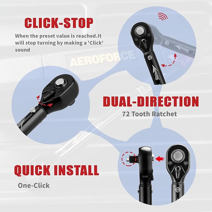 AEROFORCE 3/8-Inch Drive Torque Wrench竊?-45 lb.ft / 6.8-61.2 Nm),72 Tooth Dual Direction Reversible Ratchet, Dual Range Scales, Precision Calibrated for Bike, Motorcycle and Car Repair