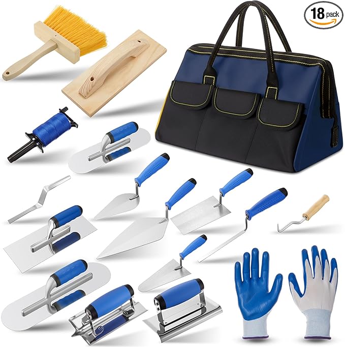 18 Pcs Masonry Hand Tool Set in Tool Bag Includes 6 Pcs Trowel Set Wooden Sanding Board Stainless Steel Putty Knife Brush Rebar Hook Masonry Kit Rubber Gloves Construction Wire(Blue)