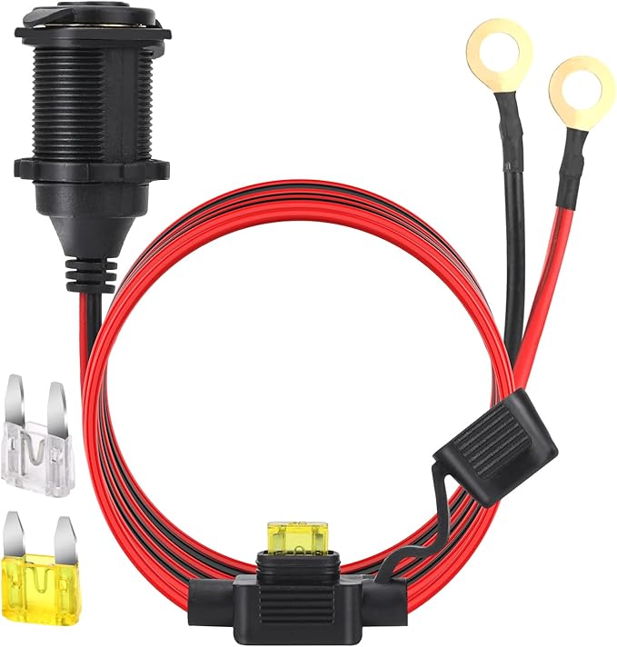 4FT 12V/24V Fixed Thread Cigarette Lighter Socket Extension Cable with Perforated Terminal Direct Battery Type car Cigarette Lighter Adapter 2.5mm² Heavy Duty Cable 20A (Free Two Blade fuses）