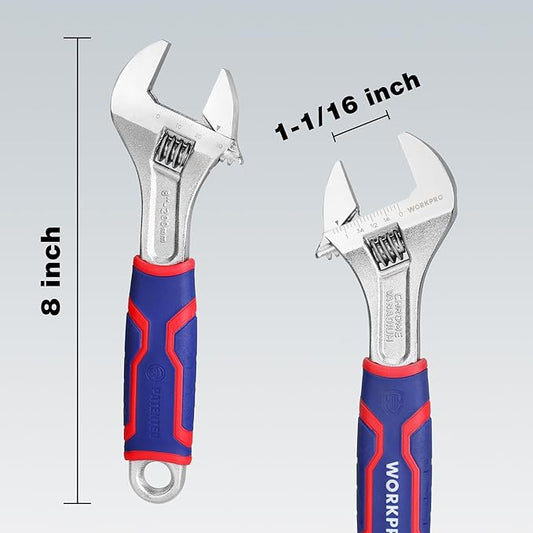 WORKPRO 8-inch Adjustable Wrench, Wide Jaw Opening Wrench with Rubber Anti-slip grip, Metric/SAE Scales, Premium Cr-V Steel, Chrome Plated