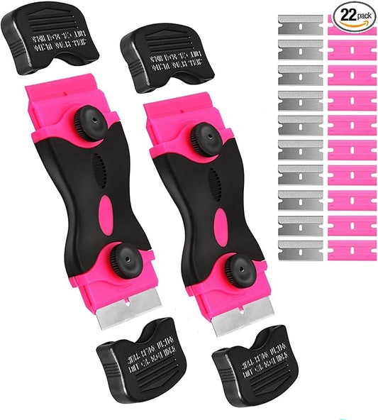 2PACK Razor Blade Scraper, 2-in-1 Scraper Tool with 20Pcs Plastic Blades & 10Pcs Metal Blades, Multi-Purpose Cleaning Razor Scraper Paint Removal for Glass, Decals, Stickers, Labels, Caulk, Adhesive