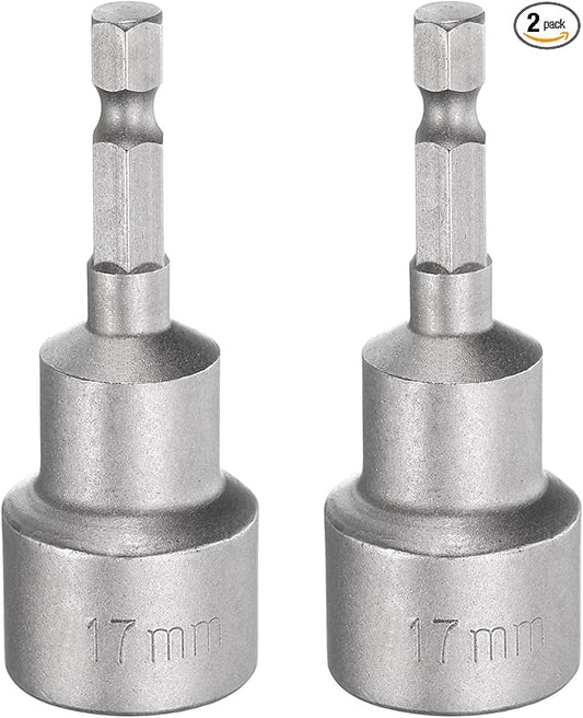 HARFINGTON 2pcs Nut Driver Drill Bit 17mm Metric Socket 1/4" Hex Shank 2.56" (65mm) Long Magnetic 6-Point Sockets Quick Change CR-V Steel Bolt Setters for Power Drill Drivers