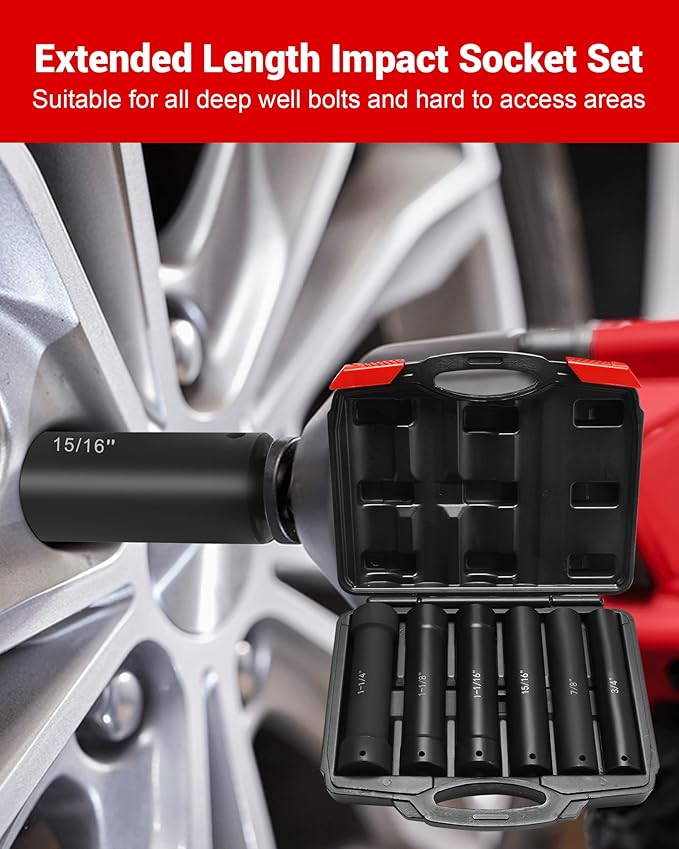 1/2 Inch Drive Extended Length Impact Socket Set, 6 Sizes Extra Deep Socket Set Include Sizes 3/4", 7/8", 15/16", 1-1/16", 1-1/8", 1-1/4" for High Torque Use with Case