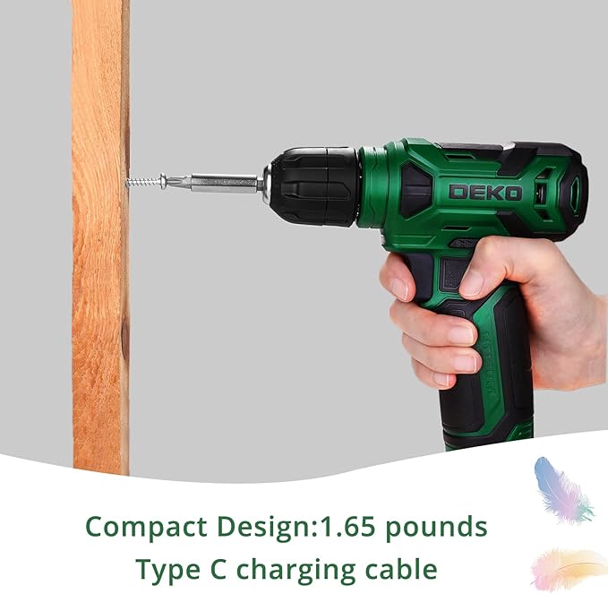 DEKOPRO 8V Cordless Drill, Drill Set with 3/8"Keyless Chuck, 42pcs Acessories, Built-in LED, Type-C Charge Cable, Green Power Drill for Drilling and Tightening/Loosening Screws