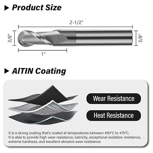 3/8" Ball Nose Carbide End Mill - 2 Flute AlTiN Coated Milling Bits Sets for Milling Alloy Steels, Hardened Steel, Metal