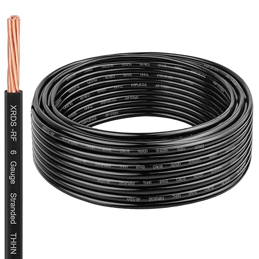 XRDS-RF THHN Wire 25FT, 6AWG Stranded Copper THHN Electrical Wire, Black Nylon-Coated Thermoplastic Insulated Cable for Indoor Conduit Wiring, 600V Rated