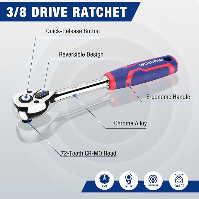 WORKPRO 32-Piece 3/8-inch Drive Metric Sockets and Ratchet-Including 30 Metric Deep and Shallow Sockets, 6-20mm with Magnetic Organizer and 72-Tooth Quick Release Reversible Ratchet for Auto Repair
