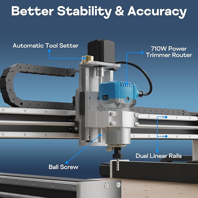 5050 CNC Machine with Linear Rails Ball Screws on 3-Axis, 710W Trim Router Spindle Engraving Milling Machine for Wood Acrylic Aluminum Cutting