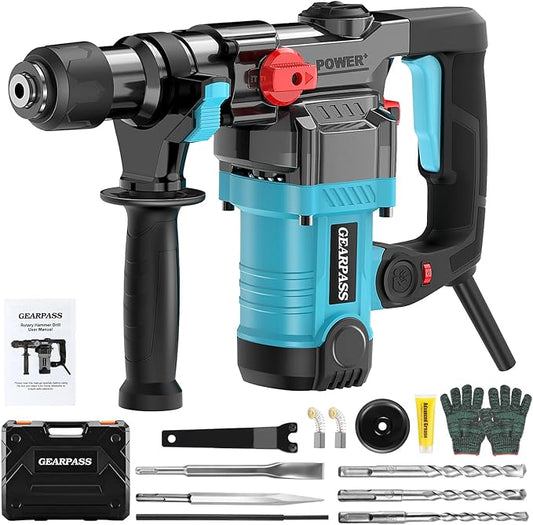1-1/4" SDS-Plus Rotary Hammer Drill, 12.5 Amp Heavy Duty Rotary Hammer, 3 Functions with Safety Clutch, 6 Speed, Corded Rotomartillo for Concrete, Drill Bits, Flat/Point Chisels Included
