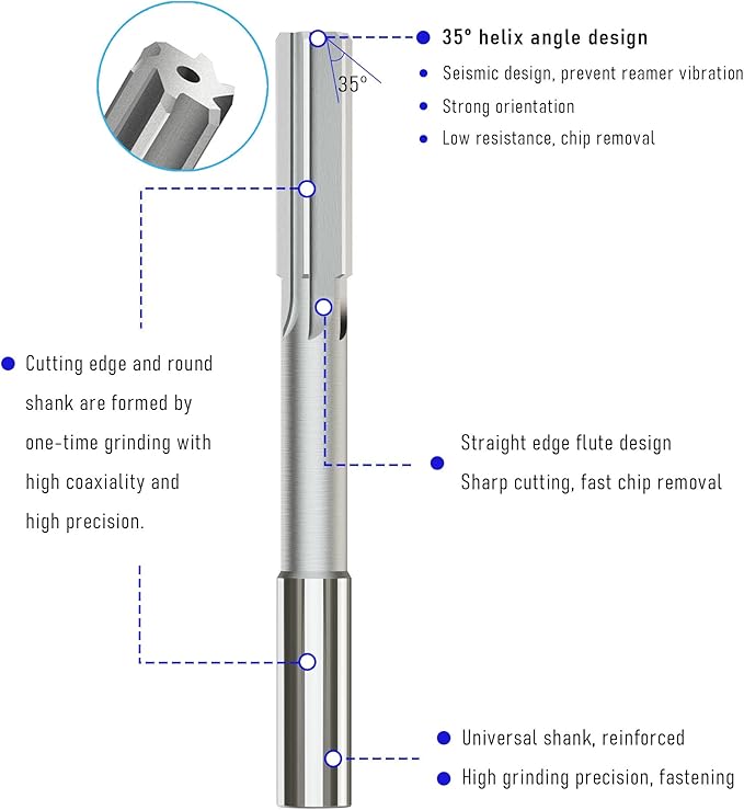 Chucking Reamer 17mm, H7 HSS Cobalt M35 Lathe Machine Reamer Metric, 6 Straight Flutes, Round Straight Shank Milling Cutting Tool, for Stainless Steel Alloy Copper Metal