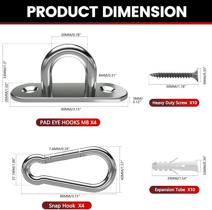 sprookber 304 Stainless Steel Pad Eye Snap Hooks, M8 Heavy Duty Ceiling Hooks, 1200 lb Capacity Hammock Swing Hanging kit, Plant Hangers, Marine Hardware Staple Hook Loop with Screws, Set of 8