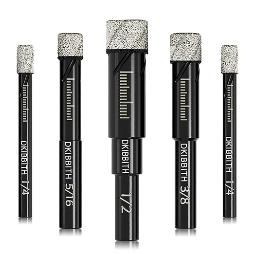Dry Diamond Drill Bits Set, 5 Pcs Tile Drill Bits for Porcelain, Ceramic, Granite, Marble, Stone, Glass Hard Materials, Round Shank 1/4", 5/16", 3/8", 1/2" Drill Bits, with Storage Case