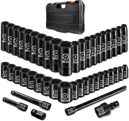 boen 45PCS 1/2??Drive Metric Socket Set, Impact Deep& Shollow Socket(9mm-32mm), 6 Point Lug Nut for Auto Repair with Portable Case, CR-V Steel