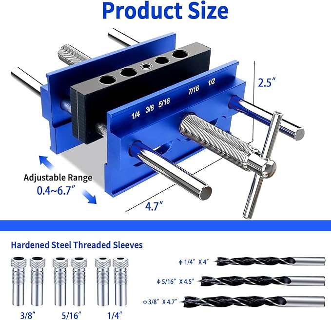 Self Centering Dowel Jig Kit, Drill Jig for Straight Holes Biscuit Joiner Set, Adjustable Drilling Guide Wood Working Tools with 3 Drill and 6 Drill Guide Bushings, Wood Doweling Jig for Woodworking