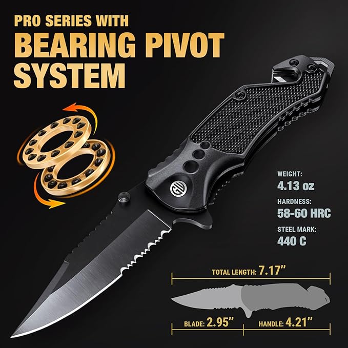 GOOD WORKER Legal Pocket Knife with 2.95??Serrated Blade, Glass Breaker, Seat Belt Cutter - EDC Sharp Folding Knives with Portable Clip - Small Tool for Tactical Camping Survival Hiking - Gifts for Men, Women