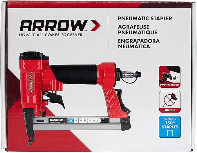 Arrow PT50 Oil-Free Pneumatic Staple Gun, Professional Heavy-Duty Stapler for Wood, Upholstery, Carpet, Wire Fencing, Fits 1/4?? 5/16?? 3/8", 1/2", 9/16??Staples , Red