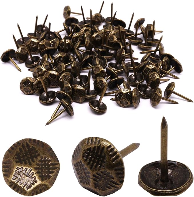 YuGtcen 100pcs Upholstery Tacks, Decorative Nails Thumb Tacks Metal Upholstery Nails for Wood Pins Vintage Furniture Tack (11x17mm, Crack Texture Bronze)