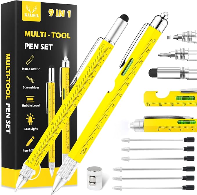 Gifts for Dad Men Him,2 Pack Multitool Pen,Multi-tool Pen with [Stylus, Ballpoint Pen, 6 refills, 4" Ruler, Level, Phillips Screwdriver,LED] (Yellow)