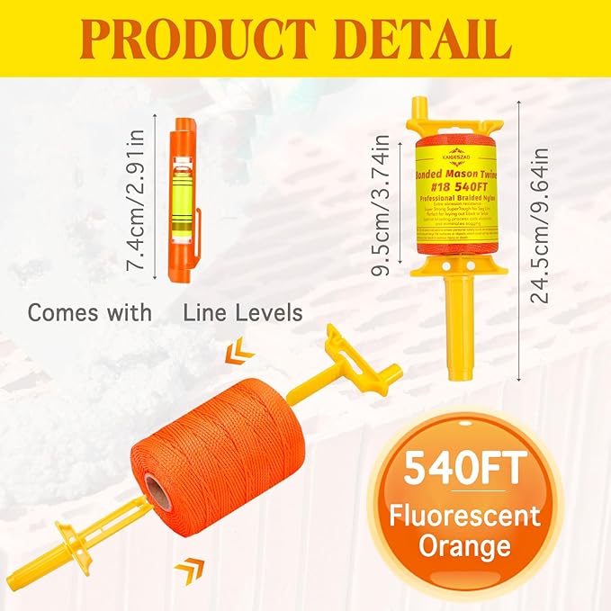 2PCS Mason Line with Handle,Twisted 540 FT #18 Braided Nylon Mason String with 10 Built-in Levels and Spool Construction Line,String Level Line Kit for Gardening Or Masonry Tools, Kite String or DIY