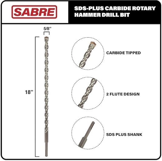 5/8 Inch x 18 Inch SDS Plus Rotary Hammer Drill Bit, Carbide Tipped for Brick, Stone, and Concrete (5/8" x 16" x 18")