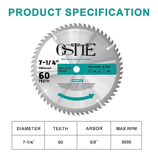 7-1/4 Inch Circular Saw Blade 60T, 5/8 Inch Arbor, Alternate Top Bevel Saw Blades for Cutting Wood, 1 Pack