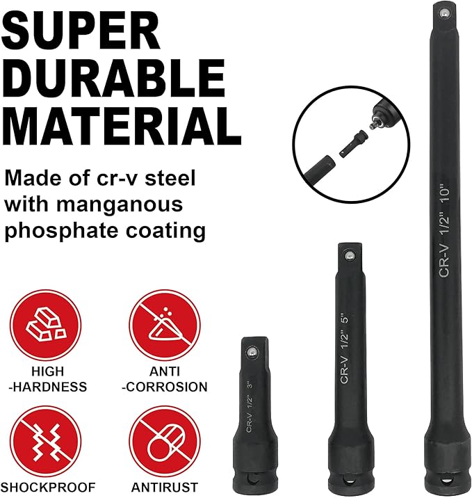 29pcs 1/2" Drive Impact Socket Set, Deep & Standard Sockets with Extension Bars, Cr-V Steel, SAE 3/8"-1", Metric 10mm-24mm