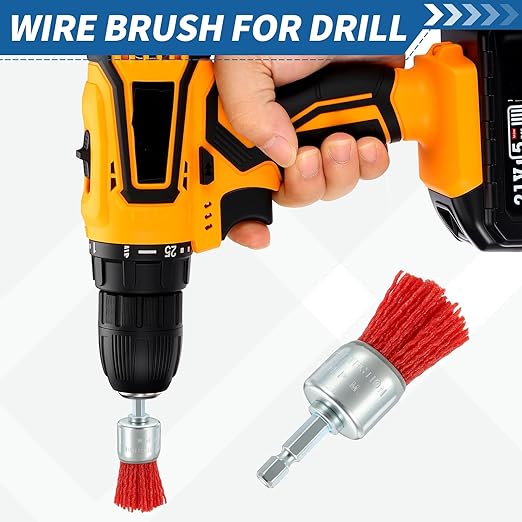 Wire Brush for Drill (1"/25mm) 1Pack, Crimping Steel Wire 0.05" (Nylon) Red Wire Brush Drill Attachment with 1/4" Hex Shank - for Rust,Cleaning, Deburring on Cast Iron