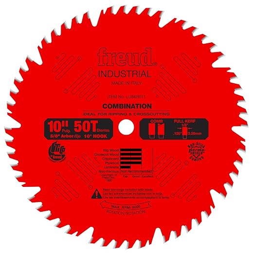 Freud Combination Saw Blade with Premium Tico Hi-Density Carbide Combination Blend for Maximum Performance - 10" Diameter, 50 Teeth, Comb Grind - LU84R011