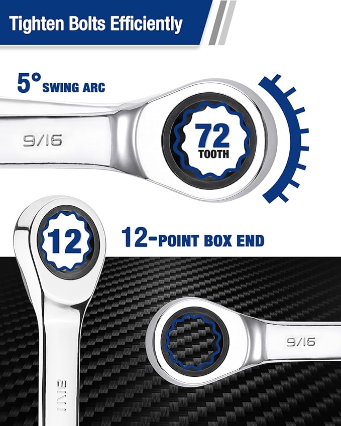WORKPRO 9/16" Ratcheting Combination Wrench SAE, CR-V Constructed with Mirror Polish Chrome Plating, 12-Point Design, 15-Degree Offset