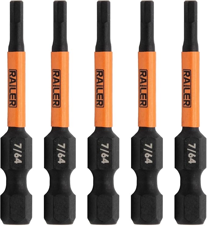 Hex 7/64" Impact Driver Bit - Railer Allen Wrench Drill Hex Bits. 1/4 Quick Release S2 Steel 2 inch 7/64" Hex Bits. (5 Pack)