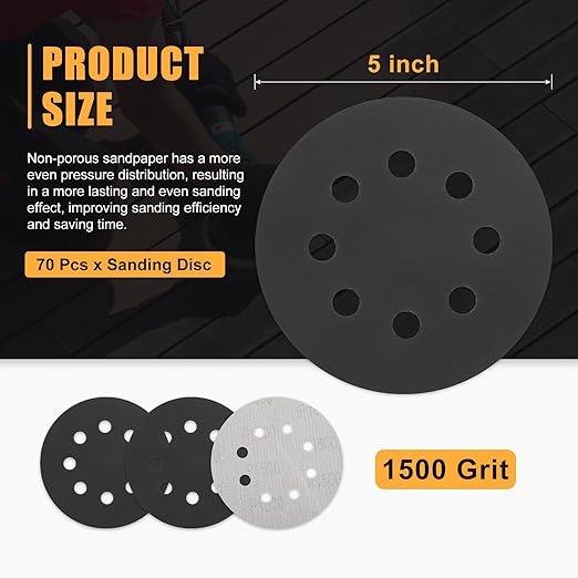 70 Pcs 5 Inch Sanding Disc 1500 Grit 8 Hole Round Hook and Loop Sandpapers for Metal Wood Automotive Boat Building Grinding and Polishing, Black