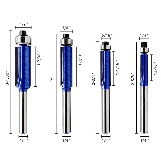 Flush Trim Router Bit Set，4 PCS – ¼″ Shank Top-Bearing Solid Carbide Router Bits for Wood, MDF, Chipboard & Plywood – Cutting Diameters ¼″ • 5⁄16″ • 3⁄8″ • ½″