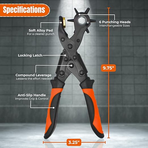 Adorox Heavy Duty Quality & Professional Design Revolving Hole Punch Pliers Kit ??with Steel Ruler & File, Puncher with 6 Hole Sizes for Belts, Watch Straps, Saddles, Shoes & DIY Crafts