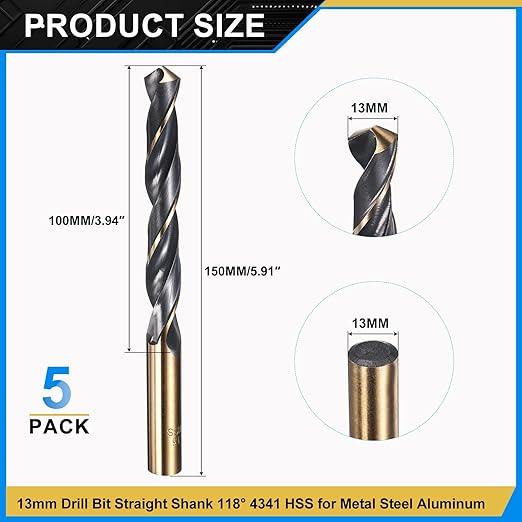 PATIKIL 13mm Drill Bit, Jobber Straight Shank 4341 High-Speed Steel 118째 Black and Gold Finish for Medium-Hard Metal Steel Acrylic - 5 Pack