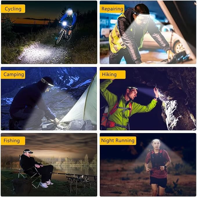 Headlamp Rechargeable, 230째 Wide Beam Head Lamp LED with Motion Sensor for Adults - Camping Accessories Gear, Waterproof Head Light Flashlight for Hiking, Running, Repairing, Fishing, Cycling
