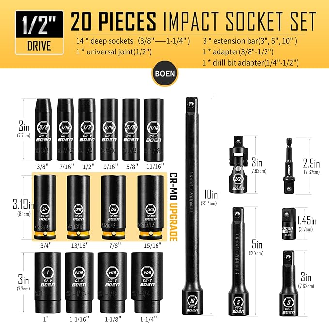 BOEN Pro 20-Piece 1/2" Drive Deep Impact SAE Socket Set, 3/8"-1-1/4", CR-MO & CR-V Steel, Upgraded Torque & Durability, Includes Extensions, Joint, Adapter ??Meets ANSI