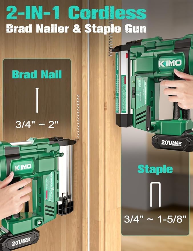 KIMO 2" Brad Nailer Cordless w/ 20V Battery 2.0Ah X 2, 1000pcs Nails and Staples,180 Nails/min, 2 Firing Modes, Adjustable Nailing Depth, 2 in 1 18 Gauge Cordless Nail Gun and Stapler for DIY Project