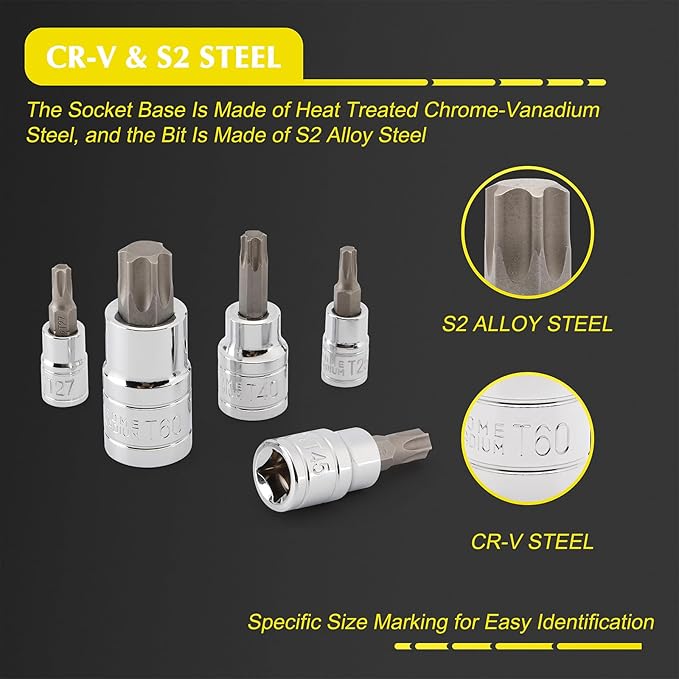 EMENTOL 14PCS Torx Bit Socket Set, CR-V, S2 Steel, 1/4", 3/8" and 1/2" Drive Star Bit Socket Set, T6 - T60