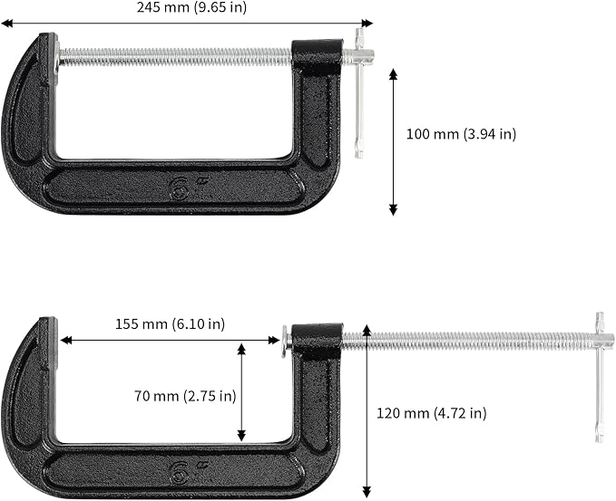 JAPCHET 4 Packs 6 Inches Black C Clamp, Malleable Iron C-clamp, Heavy-Duty C-Clamp for Metalworking, Woodworking, 6-Inch Max Jaw Opening, 2-3/4 Inch Throat Depth