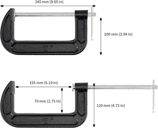 JAPCHET 4 Packs 6 Inches Black C Clamp, Malleable Iron C-clamp, Heavy-Duty C-Clamp for Metalworking, Woodworking, 6-Inch Max Jaw Opening, 2-3/4 Inch Throat Depth