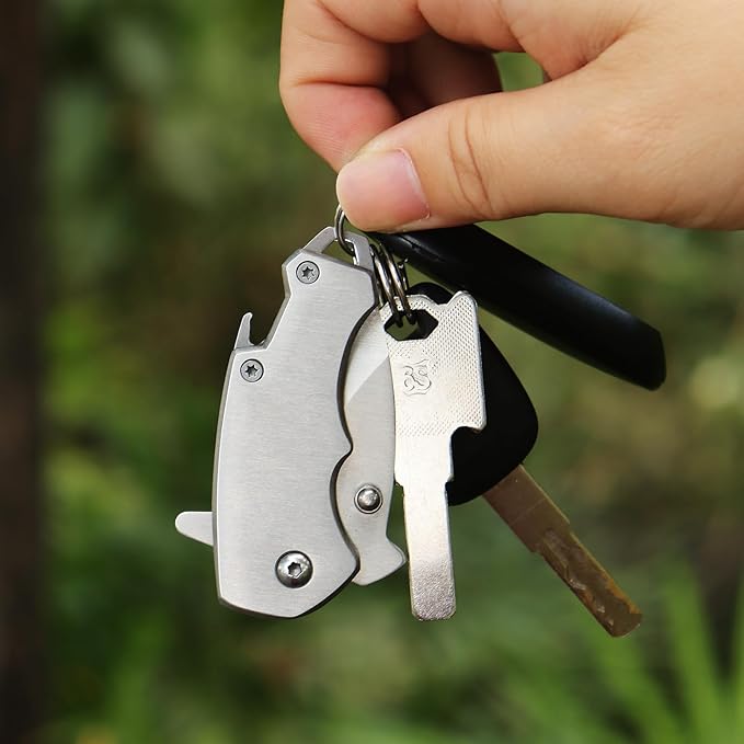 Small Pocket Knife for men, 1.58 Inch Blade, Silver Stainless Steel, Compact Keychain knife with Safety Lock and Clip for Camping, Hiking, Daily Task, Mini Folding Box Cutter EDC Gadgets Tools