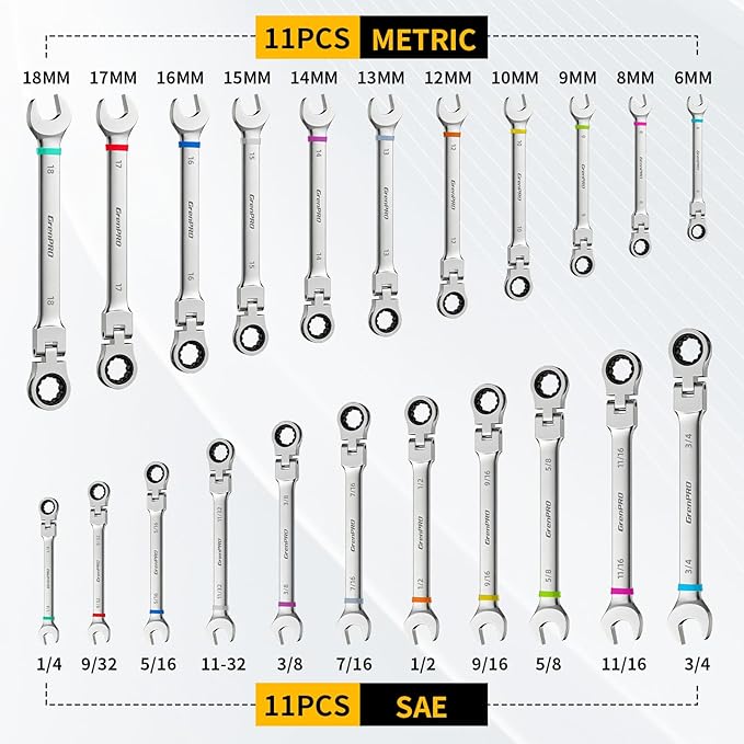 GRENPRO 23PCS Flex-Head Ratcheting Wrench Set, Combination Ratchet Wrenches Set Metric and Standard & SAE with Organizer Box, 6-18mm & 1/4" to 3/4" with Color Ring, CRV Socket Mechanic Tools Sets