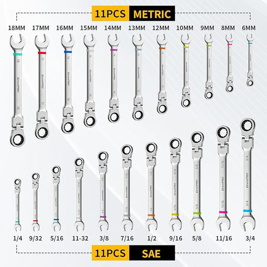 GRENPRO 23PCS Flex-Head Ratcheting Wrench Set, Combination Ratchet Wrenches Set Metric and Standard & SAE with Organizer Box, 6-18mm & 1/4" to 3/4" with Color Ring, CRV Socket Mechanic Tools Sets